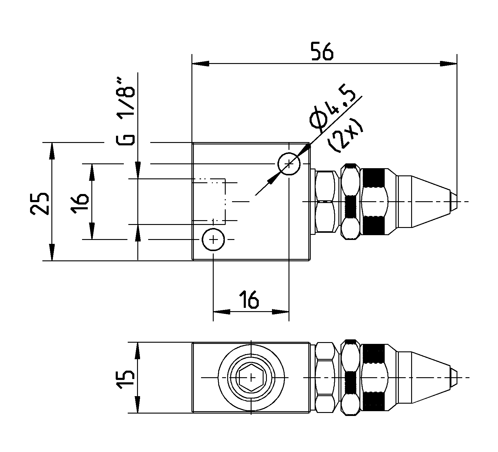 Dimesions of two-fluid jet-nozzle LMD 1/8"